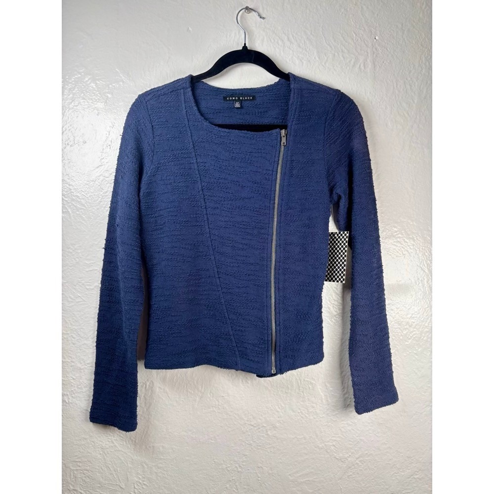 NEW Como Black Asymmetric Moto Jacket Small Blue Cotton Slub Office Biker Chic